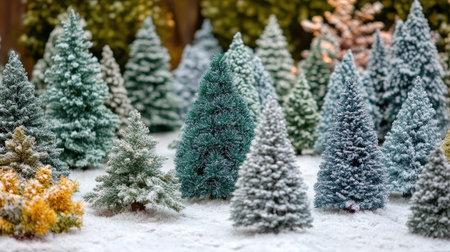 Vibrant green fir trees in a landscaped garden, creating a peaceful and natural setting.の素材