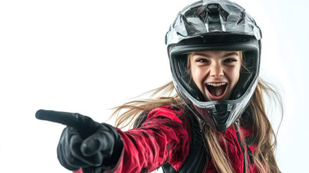 Young biker girl in a helmet, giving a playful point to the side, standing against a bright white background.の素材