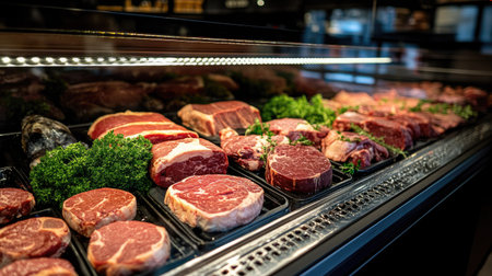 A butcher shop meat case filled with premium cuts, showcasing variety and freshness under bright lighting.の素材