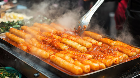 A Korean street food stall selling hot and crispy tteokbokki spicy rice cakes in a red chili sauce.の素材