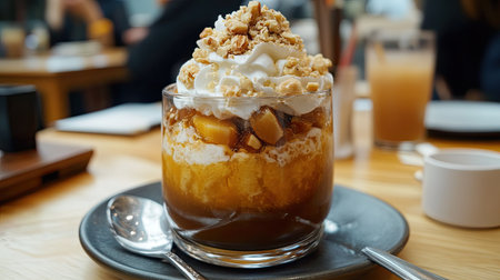 A Korean-style fruit smoothie topped with whipped cream and crushed nuts, served in a cute cafe setting.の素材
