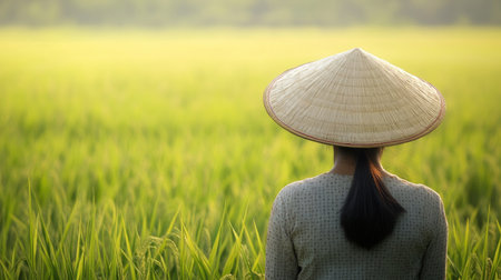 A farmer wearing a traditional hat, standing in a lush green jasmine rice field in Isaan, Thailand.の素材