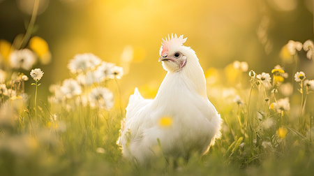 A peaceful farm landscape with a white Silkie chicken in focus, soft sunlight enhancing its fluffy and elegant form.の素材