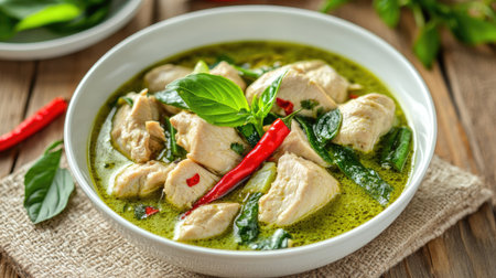 A delicious Thai green curry dish with tender chicken and coconut milk, served in a white bowl on a wooden dining table.の素材