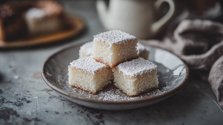 A cozy afternoon tea setting with Lamington cakes on a plate, chocolate coating glistening, on a gray rustic stone table.の素材