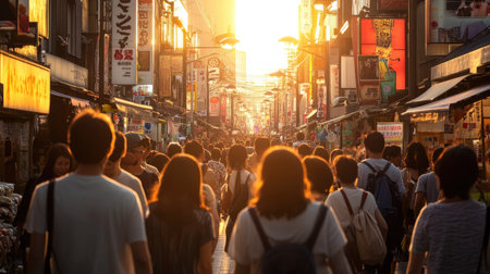 A golden sunset casting warm light over Fukuoka's Yatai district, as people gather for an evening of street food.の素材