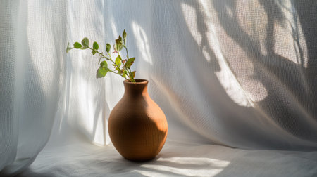 A delicate interplay of light and shadow as the sun filters through a sheer curtain onto a wooden vase.の素材