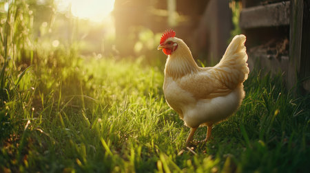 A Silkie chicken strolling through a farmyard with soft golden light, the lush green grass framing its delicate form.の素材
