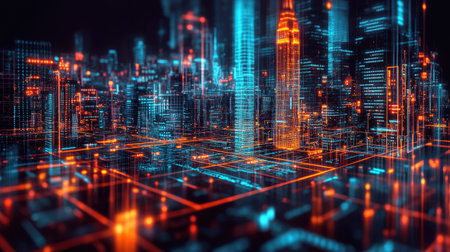 Abstract big data visualization hovering above the Empire State Building, creating a dynamic holographic city grid at night.の素材