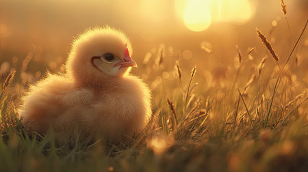A soft, fluffy Silkie hen resting in tall grass, delicate light flares adding warmth to the peaceful farm setting.の素材