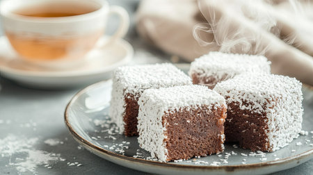 A soft-focus shot of Lamington cakes on a rustic plate, with a cup of tea steaming in the background on a gray stone table.の素材
