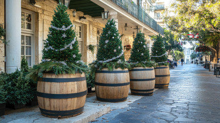Charming trees in handmade wooden barrels, set against the elegant backdrop of a historic stone building with balconies.の素材
