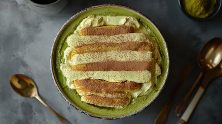 Decadent matcha tiramisu, soft layers of ladyfingers soaked in Japanese green tea, creamy mascarpone, set against a moody grey background, top viewの素材