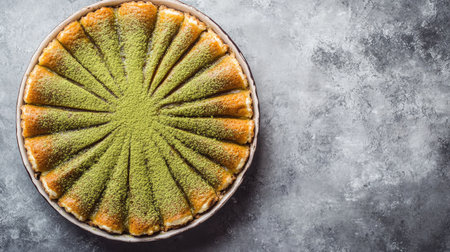 Elegant matcha tiramisu cake, delicate layers of green tea-soaked ladyfingers and mascarpone, finished with a dusting of matcha, top view, grey backgroundの素材