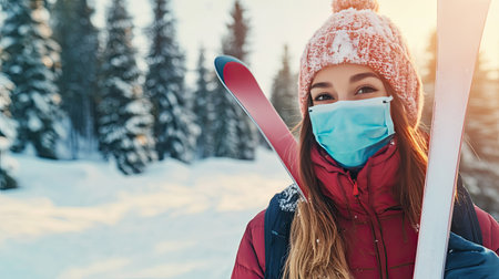 Female skier in winter gear with skis on her shoulder, mask covering her face, standing on a snowy hill with pine trees in the distance.の素材