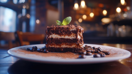 Close-up of a tiramisu dessert slice with cocoa powder and mint leaf on a white plate. Coffee beans and linen napkin on a wooden background.の素材