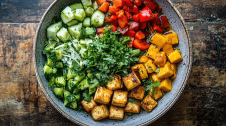 Cozy winter miso hot pot served in a ceramic bowl, featuring an assortment of vibrant vegetables, tofu, and miso-flavored broth.の素材