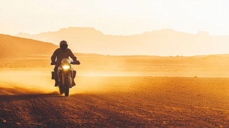 A lone motorcyclist riding through the desert at sunset, the vast open landscape enhancing the sense of solitude.の素材