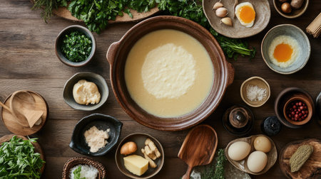 A top-down view of a miso nabe preparation, with fresh ingredients meticulously arranged beside a simmering clay pot of broth.の素材