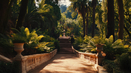 A picturesque view of a serene pathway winding through a lush tropical garden. Sunlight filters through the trees, creating a tranquil atmosphere perfect for relaxation.の素材