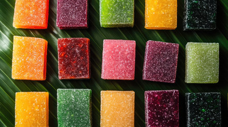 This image showcases a vibrant selection of gummy candies arranged on a green leaf background, highlighting their colorful textures and delicious appearance. Perfect for food-related themes!の素材
