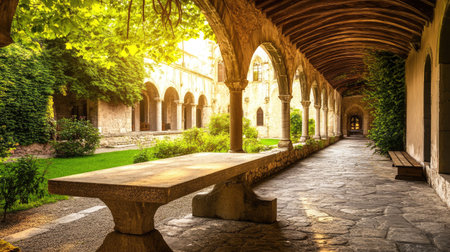 This captivating image showcases a serene stone corridor adorned with arches, surrounded by lush greenery. The warm sunset light enhances the tranquil atmosphere, making it ideal for travel and nature themes.の素材