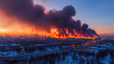 A stunning view of an urban fire at sunset, with dark smoke plumes rising into the colorful sky above. The scene captures the contrast of light and dark amidst the chaos.の素材