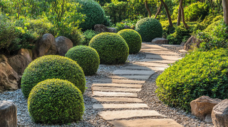 A winding garden pathway featuring spherical shrubs and healthy plants, leading toward a serene outdoor retreat.の素材