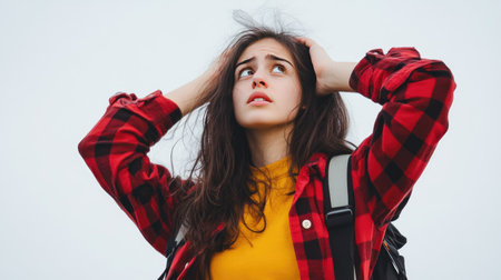 A puzzled young woman scratching her head while looking up, unsure of what decision to make, white background.の素材