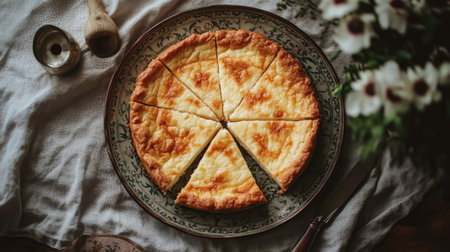 A beautifully arranged cheesecake on a vintage plate, showcasing creamy slices. Natural lighting enhances the inviting atmosphere, perfect for dessert lovers.の素材