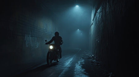 A lone rider with a motorcycle in a dark underground passage, the lamplight creating a moody urban atmosphere.の素材