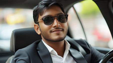 A young Indian businessman with sunglasses, confidently driving his car to work, enjoying a successful life.の素材