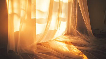 A glowing interior with sunlight gently illuminating a sheer white curtain tulle near an open window.の素材