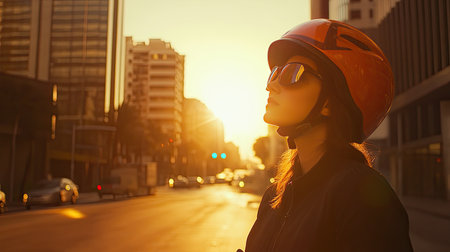 A young woman biker on a city street, her helmet catching the golden hues of the evening sunset.の素材