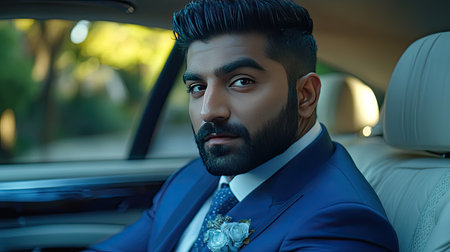 A stylish young Indian businessman steering his luxury car to work, feeling motivated and inspired.の素材