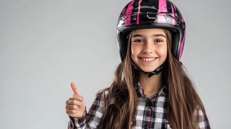 Modern young girl in a biker helmet, standing with a friendly expression and pointing toward empty space for marketing use.の素材