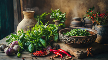 A cozy meal setting with a bowl of Thai green curry, traditional Thai spices, and fresh ingredients, displayed on a wooden table.の素材