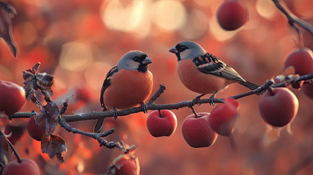 A pair of birds perched on a Siberian crab apple branch, adding wildlife charm to a natural garden setting.の素材