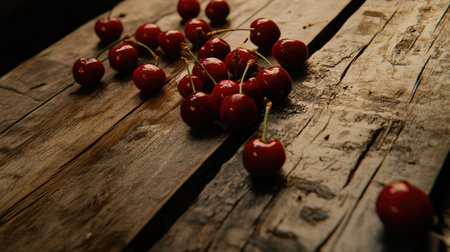 Close-up of glistening red cherries on a wooden table, freshly picked from Frauenstein, Germany, and ready to eat.の素材