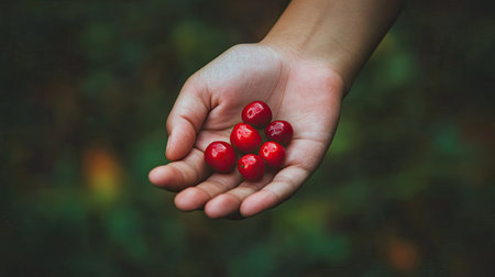 Hand holding a handful of ripe red cherries, freshly harvested from the scenic cherry farms in Frauenstein, Rheingau.の素材