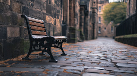 Lonely bench on the Royal Mile, providing a resting spot along Edinburgh's famous historic street.の素材