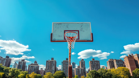 A basketball hoop on an outdoor court, backboard and net slightly worn, set against an urban skyline under a bright blue skyの素材