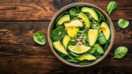 A bowl of fresh avocado and spinach salad with bright lemon zest and sunflower seeds, served on a rustic wooden table, top viewの素材