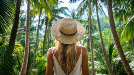 A carefree woman in a white dress and straw hat looking up at tall palm trees while walking through a tropical jungle in Thailand, amazed by natureの素材