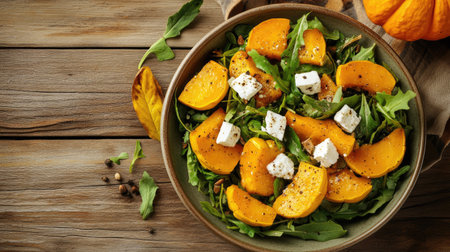 A bowl of golden roasted pumpkin salad with feta cheese and fresh greens, placed on a wooden table, styled with autumn-themed props, copy spaceの素材