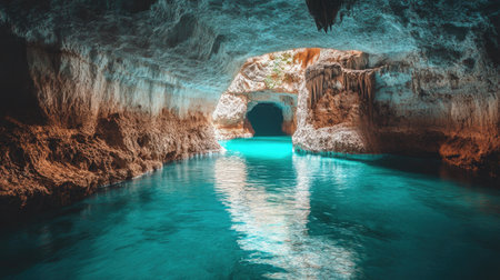 A dreamy interior view of Beihai Tunnel, Nangan, Matsu, Taiwan, with blue-green water reflecting soft light onto the rugged stone wallsの素材