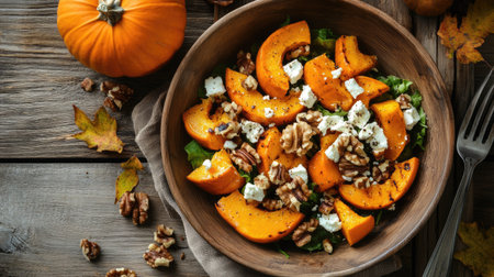 A comforting autumn salad with grilled pumpkin, feta cheese, and nuts, served in a rustic dish on a wooden table, copy space for menu designの素材