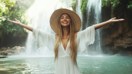 A happy traveler in a white dress and straw hat standing under a waterfall in a tropical forest in Thailand, refreshing mist surrounding herの素材