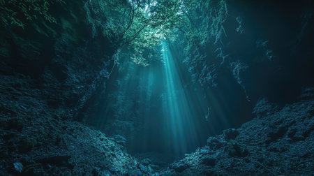 A deep cavern inside Saiko Bat Caves, Aokigahara Forest, Japan, with rugged volcanic walls illuminated by a single artificial light sourceの素材