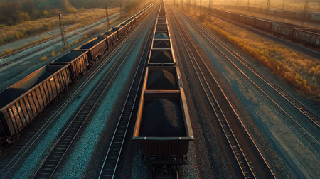 Aerial drone shot of black coal inside freight railway cars, lined up at a transport hub, tracks stretching into the distance.の素材